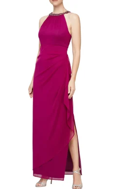 Long Sleeveless Dress With Beaded Halter Style Neckline &Cascade Ruffle Detail Skirt