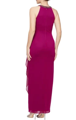 Long Sleeveless Dress With Beaded Halter Style Neckline &Cascade Ruffle Detail Skirt