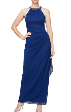 Long Sleeveless Dress With Beaded Halter Style Neckline &Cascade Ruffle Detail Skirt