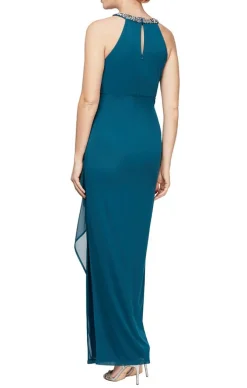 Long Sleeveless Dress With Beaded Halter Style Neckline &Cascade Ruffle Detail Skirt