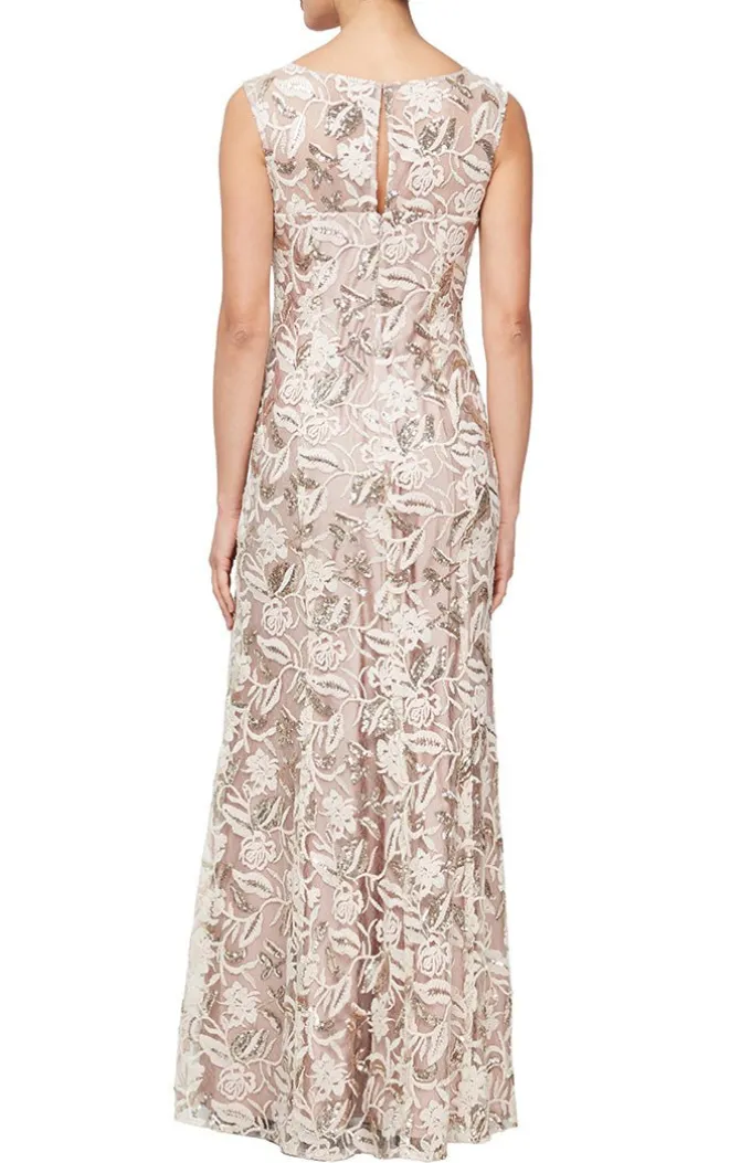 Long Sleeveless Embroidered Dress With V-Neckline, Sequin Detail & Shawl