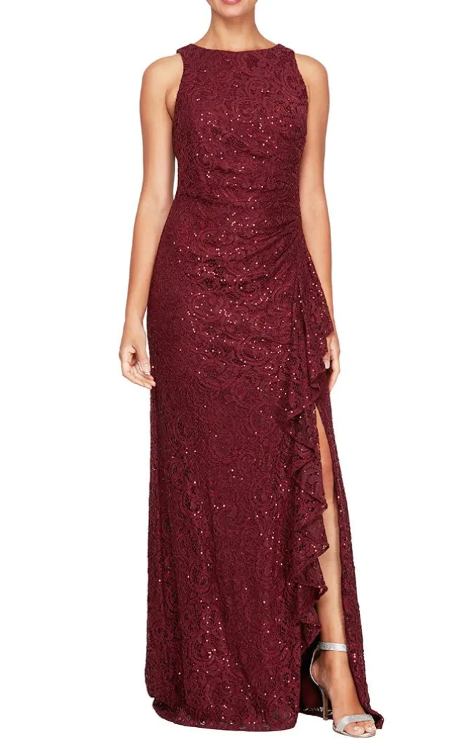 Long Sleeveless Lace Dress With Cascade Ruffle Front Slit Detail