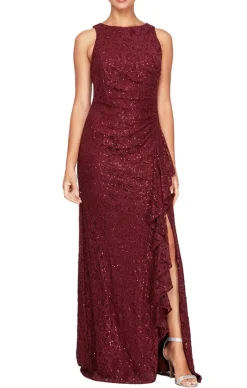 Long Sleeveless Lace Dress With Cascade Ruffle Front Slit Detail