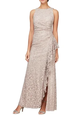 Long Sleeveless Lace Dress With Cascade Ruffle Front Slit Detail