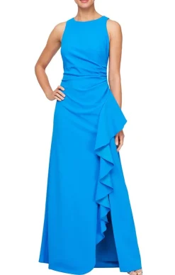 Long Sleeveless Stretch Crepe Dress With Cascade Ruffle Skirt Detail & Cutaway Neckline