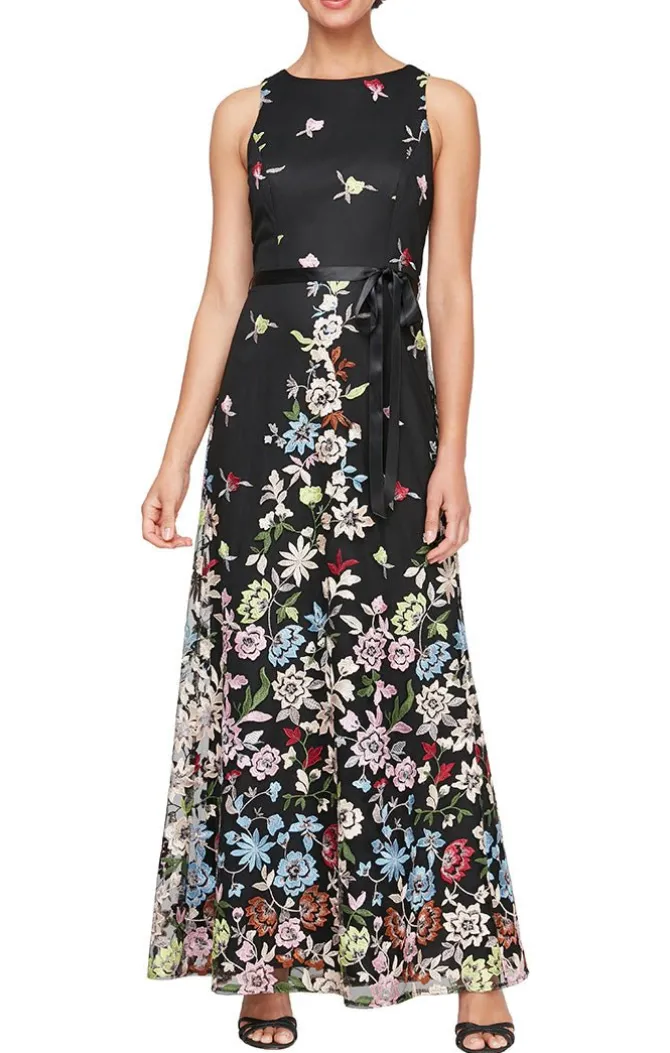 Long Sleeveless Tulle A-Line Dress With Embroidered Cascading Floral Detail