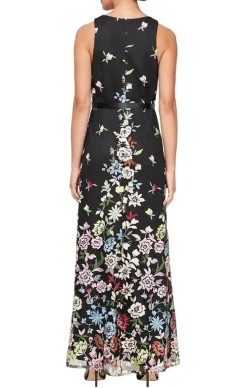 Long Sleeveless Tulle A-Line Dress With Embroidered Cascading Floral Detail