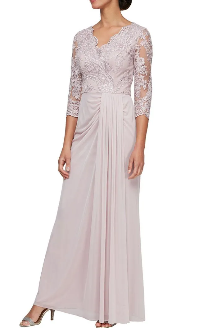 Long Surplice Neckline Dress With Scallop Detail, Illusion Sleeves & Ruched Skirt