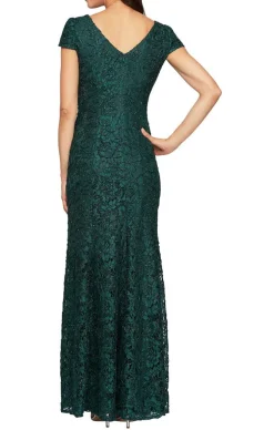 Long V-Neck Fit And Flare Dress With Cap Sleeves And Cording Detail