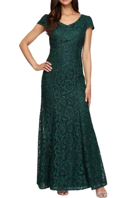 Long V-Neck Fit And Flare Dress With Cap Sleeves And Cording Detail