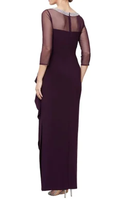 Matte Jersey Illusion 3/4 Sleeve Side Ruched Dress With Embellished Neckline