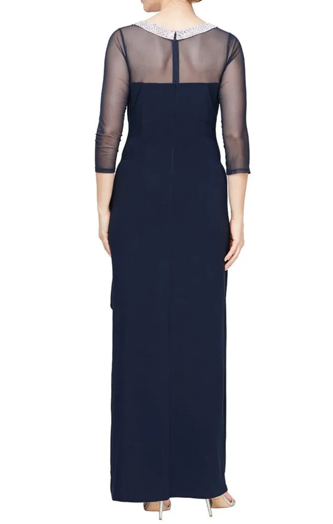 Matte Jersey Illusion 3/4 Sleeve Side Ruched Dress With Embellished Neckline