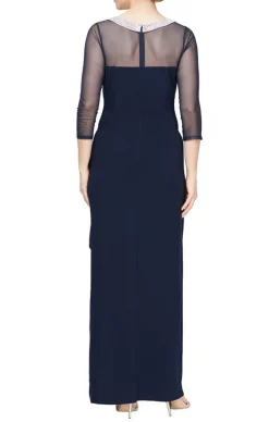 Matte Jersey Illusion 3/4 Sleeve Side Ruched Dress With Embellished Neckline