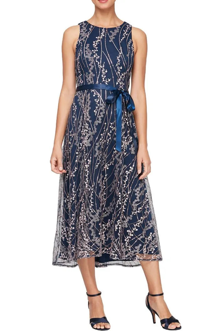 Midi Length Embroidered Sleeveless Dress With Tie Belt