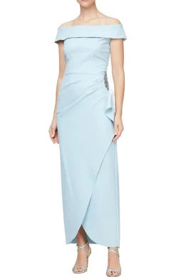 Off-The-Shoulder Compression Dress With Cascade Ruffle Skirt & Embellishment