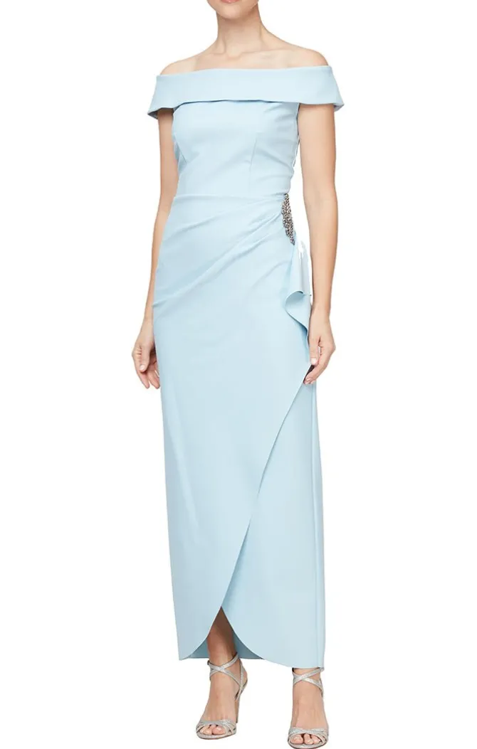 Off-The-Shoulder Compression Dress With Cascade Ruffle Skirt & Embellishment