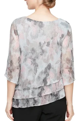 Petite 3/4 Sleeve Metallic Printed Blouse With Asymmetric Triple Tier Hem