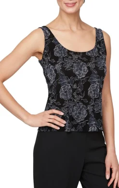 Petite 3/4 Sleeve Printed Glitter Mandarin Neck Twinset With Scoop Neck Tank