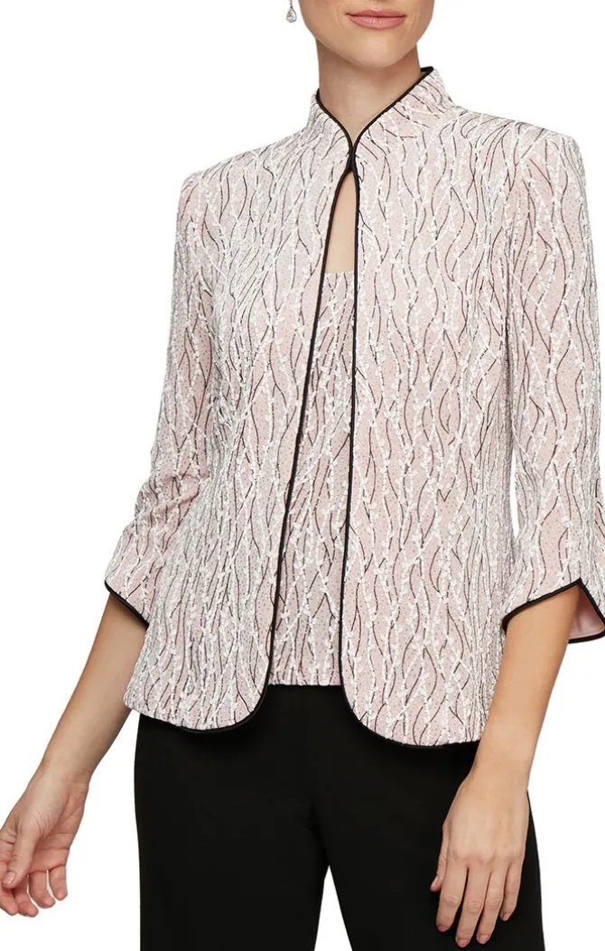 Petite 3/4 Sleeve Printed Mandarin Neck Twinset With Scoop Neck Tank And Satin Piping Detail