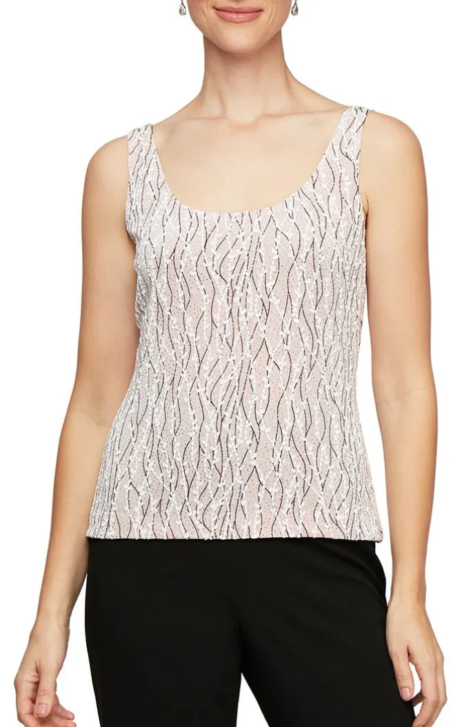 Petite 3/4 Sleeve Printed Mandarin Neck Twinset With Scoop Neck Tank And Satin Piping Detail