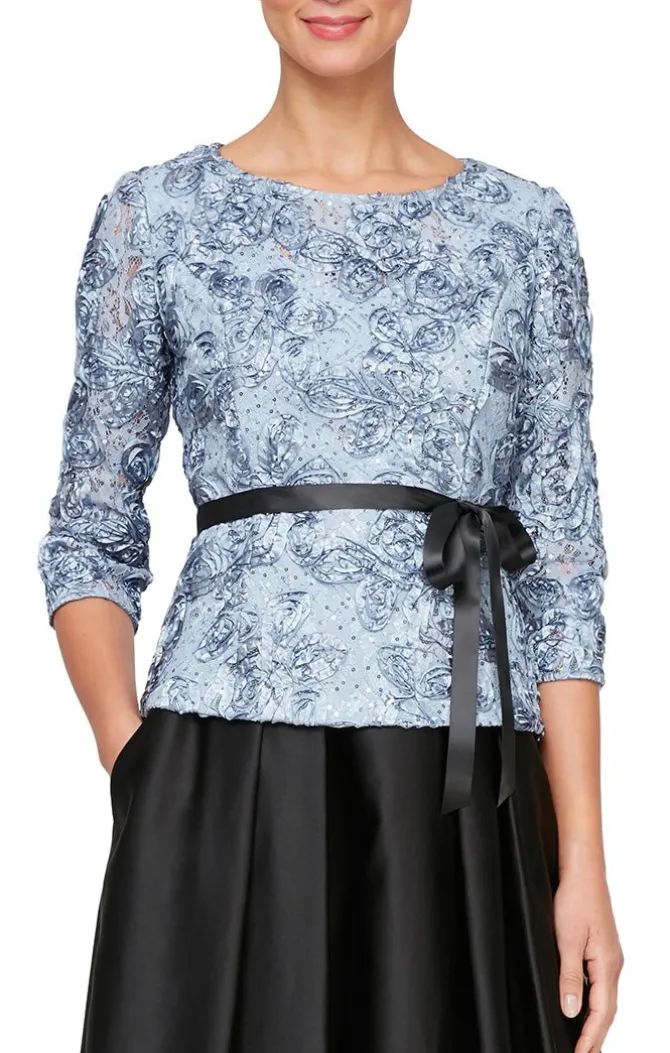 Petite 3/4 Sleeve Rosette Blouse With Illusion Neckline And Tie Belt