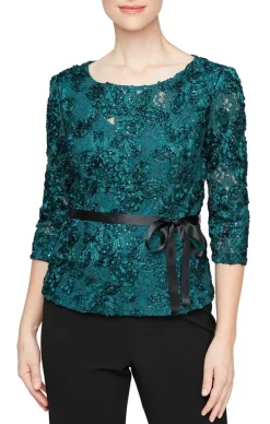 Petite 3/4 Sleeve Rosette Blouse With Illusion Neckline And Tie Belt