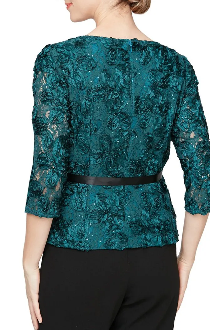 Petite 3/4 Sleeve Rosette Blouse With Illusion Neckline And Tie Belt