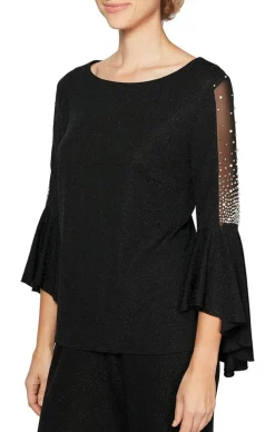 Petite Bell Sleeve Metallic Knit Blouse With Beaded Illusion Detail