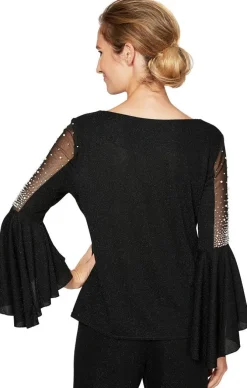 Petite Bell Sleeve Metallic Knit Blouse With Beaded Illusion Detail