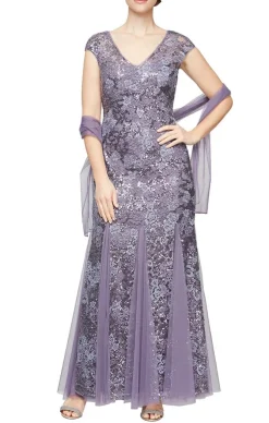 Petite Cap Sleeve Embroidered Fit And Flare Dress With Godet Detail Skirt & Shawl