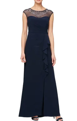 Petite Cap Sleeve Jersey Gown With Beaded Illusion Neckline And Cascade Detail Skirt