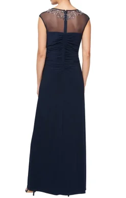 Petite Cap Sleeve Jersey Gown With Beaded Illusion Neckline And Cascade Detail Skirt