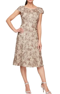 Petite Cocktail Dress In Rosette Lace With Cap Sleeves