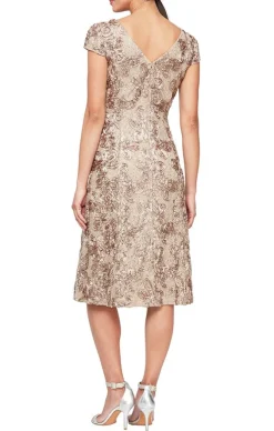 Petite Cocktail Dress In Rosette Lace With Cap Sleeves