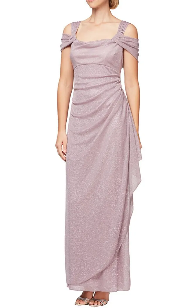 Petite Cold Shoulder Glitter Mesh Dress With Draped Skirt & Cowl Neckline