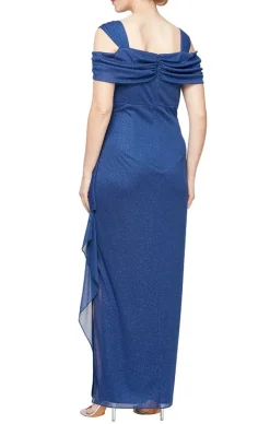 Petite Cold Shoulder Glitter Mesh Dress With Draped Skirt & Cowl Neckline