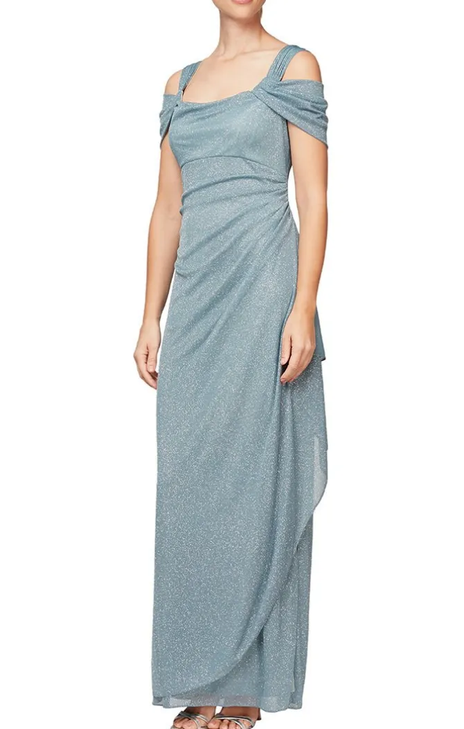 Petite Cold Shoulder Glitter Mesh Dress With Draped Skirt & Cowl Neckline
