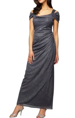 Petite Cold Shoulder Glitter Mesh Dress With Draped Skirt & Cowl Neckline