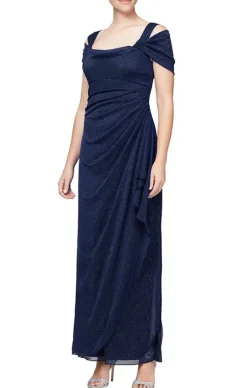 Petite Cold Shoulder Glitter Mesh Dress With Draped Skirt & Cowl Neckline