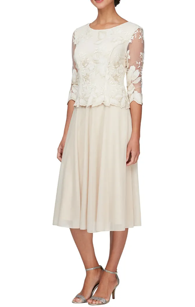 Petite Embroidered Tulle Dress With Illusion Sleeves & Scallop Trim