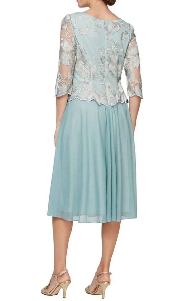 Petite Embroidered Tulle Dress With Illusion Sleeves & Scallop Trim