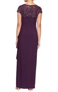 Petite Empire Waist Dress With Cascade Detail Skirt And Embroidered Illusion Neckline