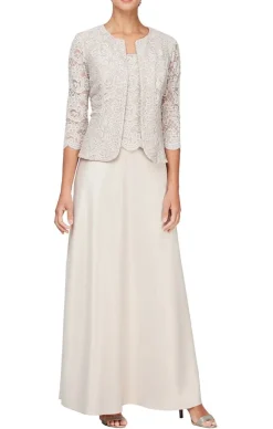 Petite Glitter Lace & Satin Skirt Jacket Dress With Open Jacket