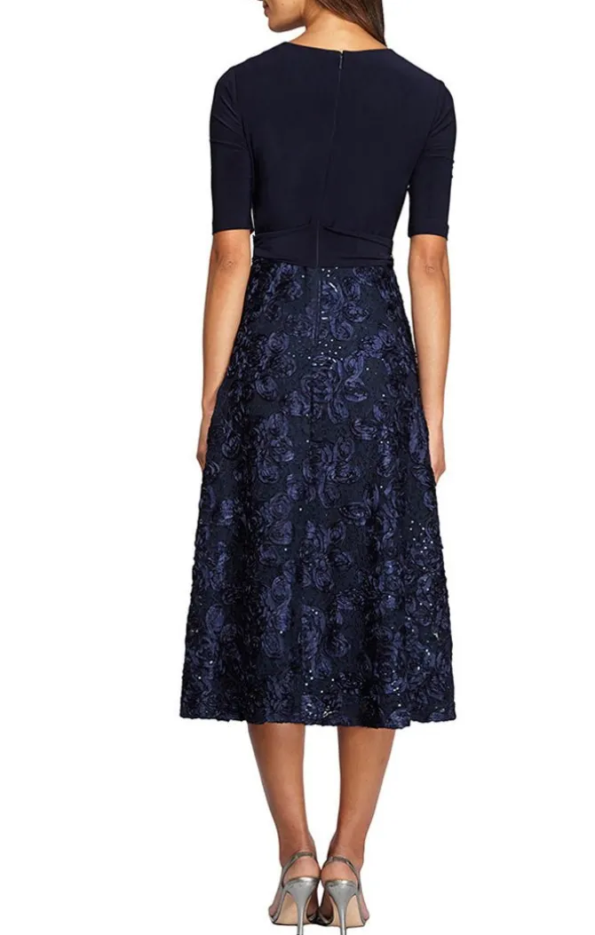 Petite Lace & Jersey Cocktail Dress With Full Rosette Lace Skirt & Tie Belt