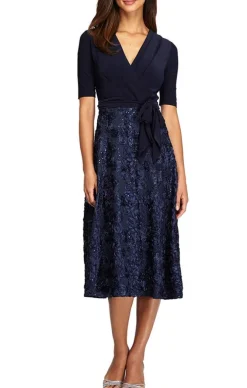 Petite Lace & Jersey Cocktail Dress With Full Rosette Lace Skirt & Tie Belt