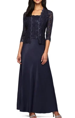 Petite Lace & Satin Gown With 3/4 Sleeve Scalloped Lace Jacket