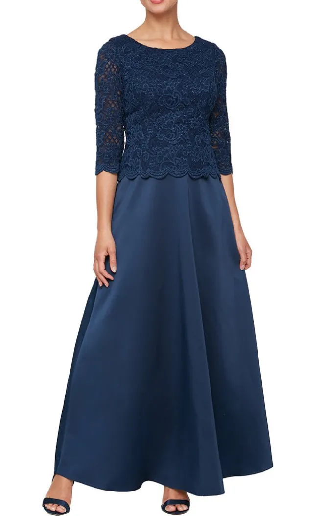 Petite Long A-Line Mock Dress With Scallop Detail And Illusion Sleeves