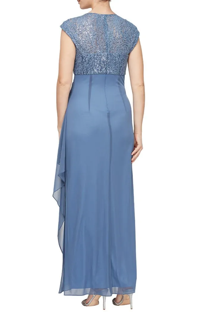 Petite Long Cap Sleeve Empire Waist Dress With Cording Detail And Cascade Skirt