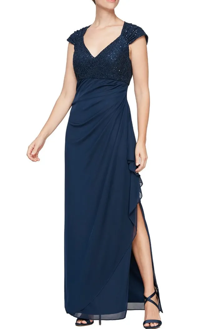 Petite Long Cap Sleeve Empire Waist Dress With Cording Detail And Cascade Skirt