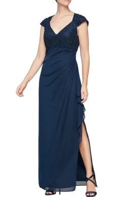 Petite Long Cap Sleeve Empire Waist Dress With Cording Detail And Cascade Skirt